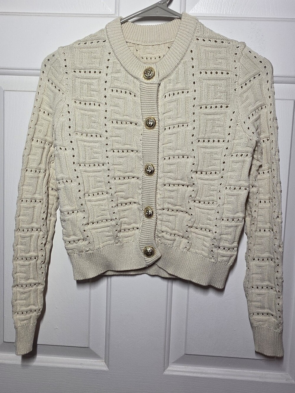 Monogram Fitted Knit Cardigan Oatmeal Beige Gold Buttons